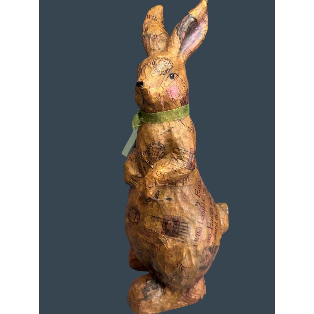 Vintage Decoupage Paper Mache Bunny Rabbit Postcard Print Green Bow 16" - Picture 9 of 12